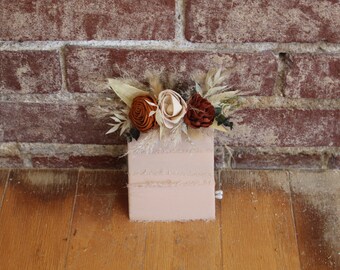 Wood Flower Boho Pocket Square Boutonniere with Pampas Grass in Rust and Champagne