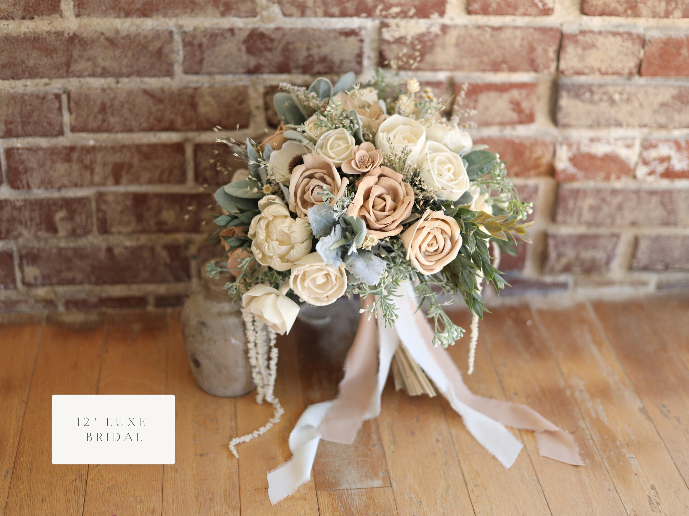 ELLA | Wood Flower Wedding Bouquet in Champagne and Ivory, with Bleached Amaranthus