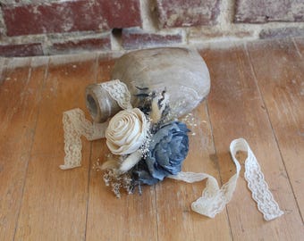 Wood Flower Something Blue Wrist Corsage with Dried Florals