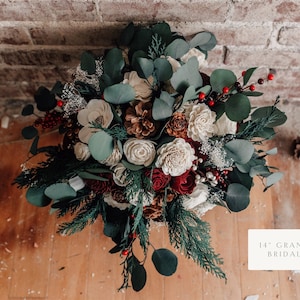 NICOLE | Wood Flower Wedding Bouquet with Eucalyptus and Sola Flowers in Red and Ivory