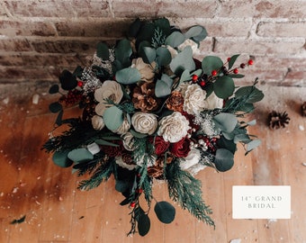 NICOLE | Wood Flower Wedding Bouquet with Eucalyptus and Sola Flowers in Red and Ivory