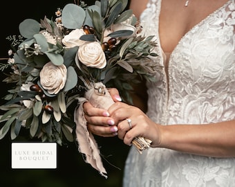 JASMINE | Wood Flower Wedding Bouquet with Eucalyptus and Sola Flowers in Ivory