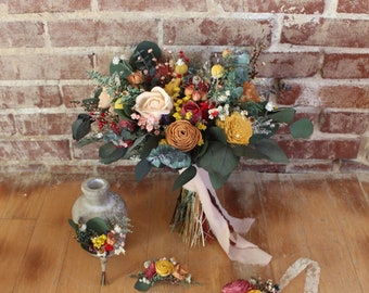 LANEY | Wood Flower Wedding Bouquet with Wildflowers and Eucalyptus
