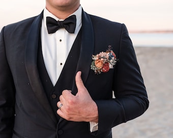 Wood Flower Boho Pocket Square Boutonniere with Eucalyptus in Rust and Terracotta