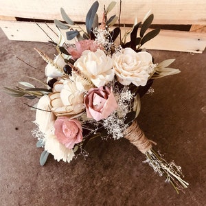 LAURA | Wood Flower Wedding Bouquet Bridal Bouquet with Dusty Rose and Olive Branch