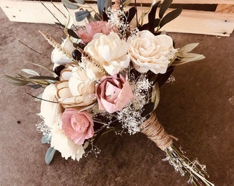 LAURA | Wood Flower Wedding Bouquet Bridal Bouquet with Dusty Rose and Olive Branch