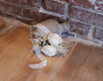Wood Flower Boho Wrist Corsage with Pampas Grass in Ivory