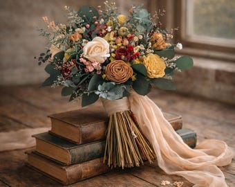 Boho Fall Wedding Bouquet, Wood Flowers, Dried Florals, Laney Collection