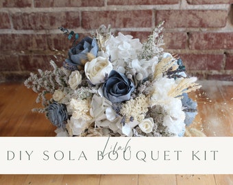 DIY Kit Lilah Collection by Evergreen Bride with Sola Wood Flower Romantic Bridal bouquet Dried Lavender Dusty Blue Ivory Preserved Vintage