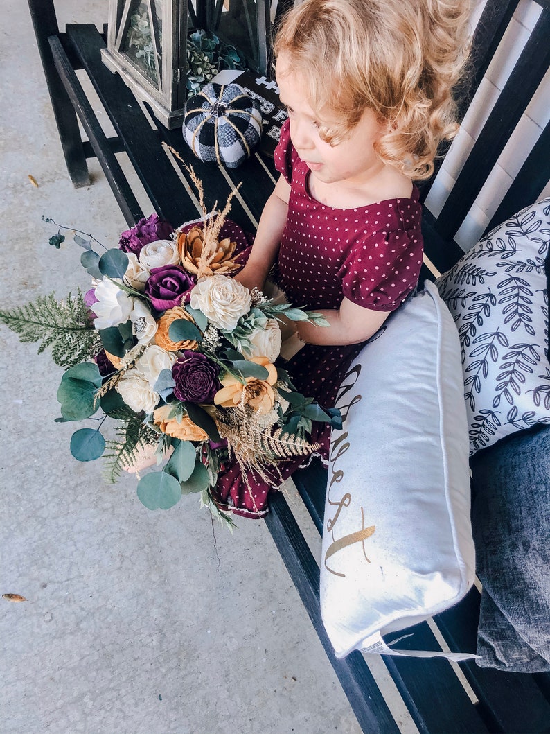 Bouquets Weddings Sola Wood Flowers Eucalyptus Burnt Orange Deep Purple Gold Wood Flower Wedding Bouquet Sola Wood Wedding