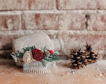 Wood Flower Winter Floral Hair Comb with Preserved Cedar and Pine Cones in shades of Red and Ivory