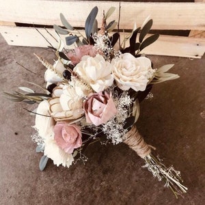 LAURA | Wood Flower Wedding Bouquet Bridal Bouquet with Dusty Rose and Olive Branch