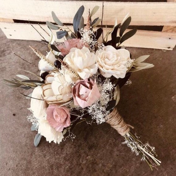 LAURA | Wood Flower Wedding Bouquet Bridal Bouquet with Dusty Rose and  Olive Branch