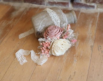Wood Flower Classic Wrist Corsage with Preserved Florals in Shades of Pink and Ivory