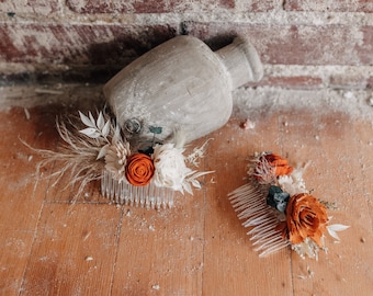 Wood Flower Boho Floral Hair Comb with Pampas Grass in Rust Ivory and Champagne