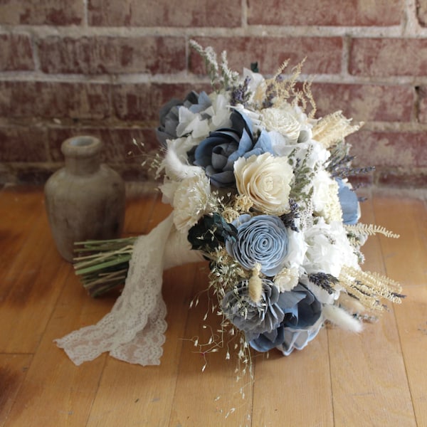 LILAH | Wood Flower Wedding Bouquet in Dusty Blue and Ivory