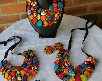Ankara Jeneba Button Bib Necklace with Matching Earrings