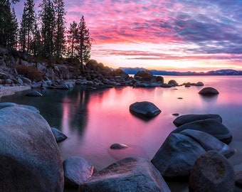 Lake Tahoe Sunset Metal Print, Panoramic Landscape Wall Art