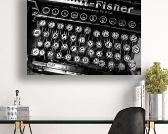 Antique Typewriter Photo, Writer's Gift, Office Decor, Black and White Vintage Industrial Wall Art