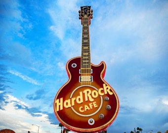 Limited Edition, Hard Rock Cafe, Guitar, Neon Sign, Las Vegas photo, Living Room art, Musician gift, Music lover,  Photography Metal Print