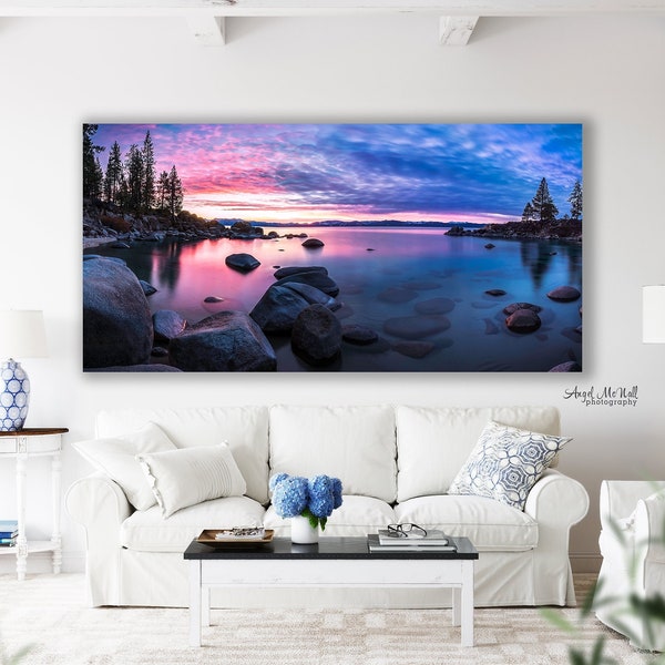 Panoramic photography print, Lake Tahoe panoramic print, Lake Tahoe wall art, Oversized wall art, Landscape photography print, metal, canvas