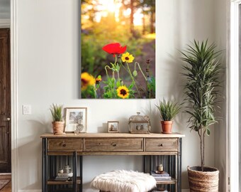 Arte de parede com papoula vermelha, impressão fotográfica de flores silvestres, decoração floral aconchegante, foto vertical da natureza.