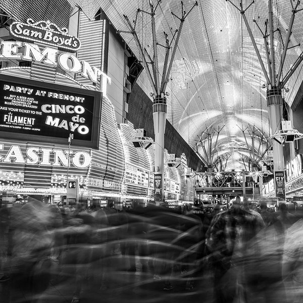Fremont Street, Las Vegas, Black and White, old Vegas, night photography, long exposure, street, ghostly, fine art photography print