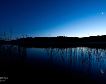 Moonlight, Reflections on water, night photography, dark, blue, black, peaceful wall art, metal, fine art photography print