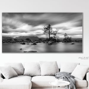 Black and White Lake Tahoe Wall Art, Panoramic landscape wall decor,  photo, Lake House wall art, oversized Lake Tahoe print