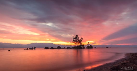 Lake Tahoe Sunset, Large Panoramic Sunset Photo, vibrant Metal print, smooth water, Pink Sunset, Landscape photography, Zen Wall Art