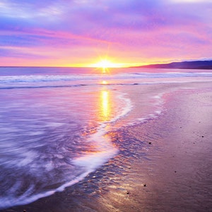 Large Metal Print, Ready to hang, Sunset beach photography, pink, California, sunset, waves, waterscape, flowing water, fine art photography