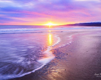 Large Metal Print, Ready to hang, Sunset beach photography, pink, California, sunset, waves, waterscape, flowing water, fine art photography