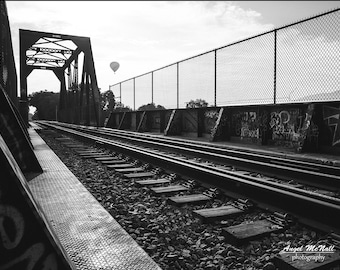 Black and white, urban decor, fine art photography, graffiti, railroad tracks, old bridge, hot air balloon