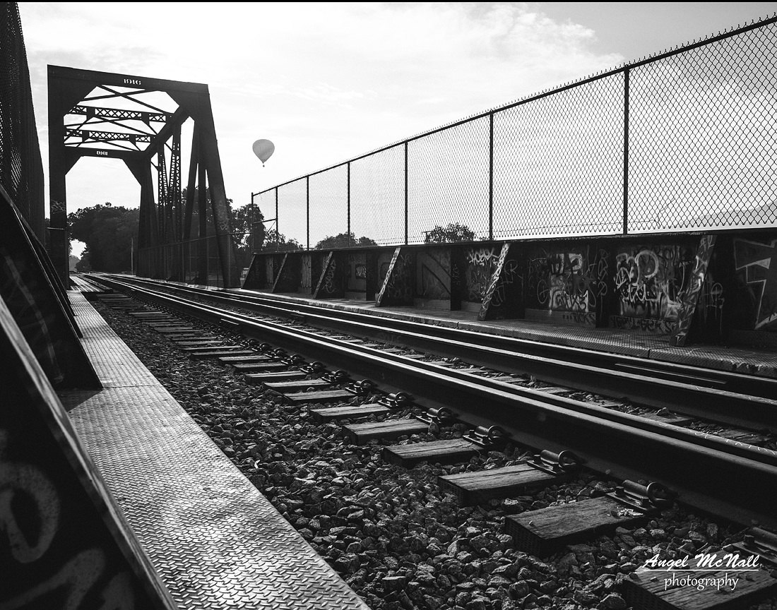 Black and white urban decor fine art photography graffiti railroad tracks old bridge hot air balloon