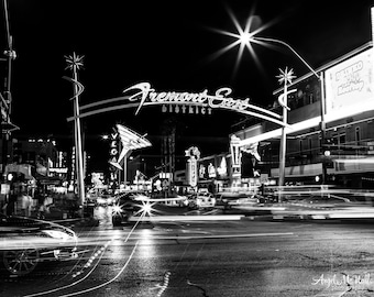 Las Vegas Night Photography, Fremont Street, urban photography, black and white, city lights,  glam, old Vegas, fine art photography print