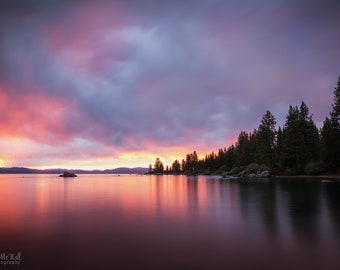 Lake Tahoe Sunset, Large Landscape photography print, Zephyr Cove, long exposure photography, pink sunset beach photography, fine art photo