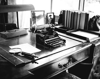 Black and white photography, Antique desk, vintage typewriter, Office decor, writer's gift, wall art, still life photography, fine art print