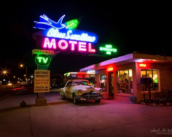 Route 66 photography, Blue Swallow Motel print, Vintage Motel Print, Route 66 Neon, Mid Century Decor, Classic Car Art, Fine Art Photography