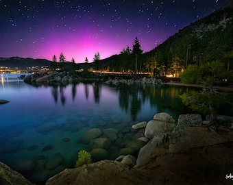 Lake Tahoe Night Sky Aurora Photo, Northern Lights print, Rustic Mountain Home Wall Art