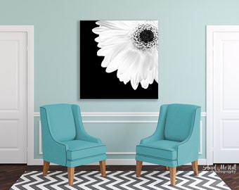 Black and White Flower Photography Print, Square Print, White Daisy print, Black and White Wall art, Flower Photography Canvas wrap or Metal