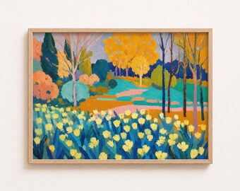 Colorful Autumn Landscape Wall Art Yellow Wildflower Field Print Contemporary Fauvist Nature Painting