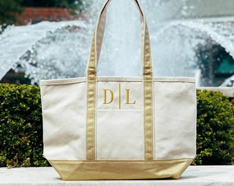 Canvas Monogrammed Tote Bag w Zipper,Metallic 3 Sizes, Embroidered Tote Bag, Personalized Boat Tote Monogram Teacher Bag Bridesmaid Gift