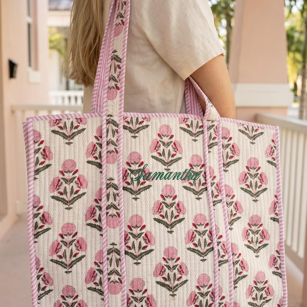 Sac matelassé en coton brodé, cabas imprimé bloc pour femme, sac de voyage bohème, sac à main porté épaule fait main, cadeau floral pour la fête des mères, demoiselle d'honneur