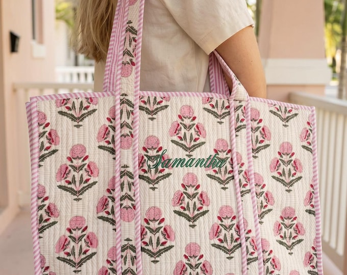 Embroidered Cotton Quilted Bag, Block Print Tote for Women, Boho Travel Bag, Handmade Shoulder Purse, Floral Mothers Day Gift, Bridesmaid