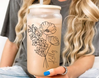 Personalized Birth Flower Coffee Cup With Name, Personalized Birth Flower Glass Tumbler, Bridesmaid Proposal, Gifts for Her Be My Bridesmaid