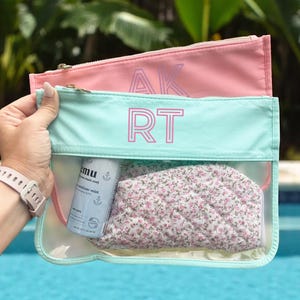 Embroidered Shadow Monogram Pool Bag Custom Toiletry Bag, Nylon Clear Pouch, Bachelorette Party Beach Zipper Bag for Sunscreen Bikini Snack