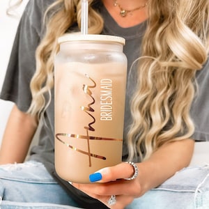 Personalized Tumbler Glass Bridesmaid Proposal, Future Mrs, Frosted Glass Tumbler, Bamboo Lid Coffee Cup, Maid Of Honor Gift, Name and Title