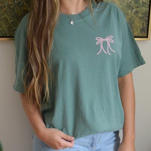Embroidered Ribbon Bow, Coquette Bow Tee, Comfort Colors T-Shirts for Women, Trendy Bow Shirt Graphic Tee Cotton