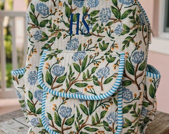 Embroidered Cotton Quilted Backpack, Personalized Floral Backpack, Quilted Girls Print Backpack, Monogram School Bag, Kids Travel