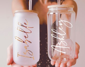 Glass Tumbler, Maid of Honor Gift, Glass Cup with Lid and Straw, Frosted Coffee Cup 16oz Bridesmaid Gift Bachelorette Bridesmaid Proposal